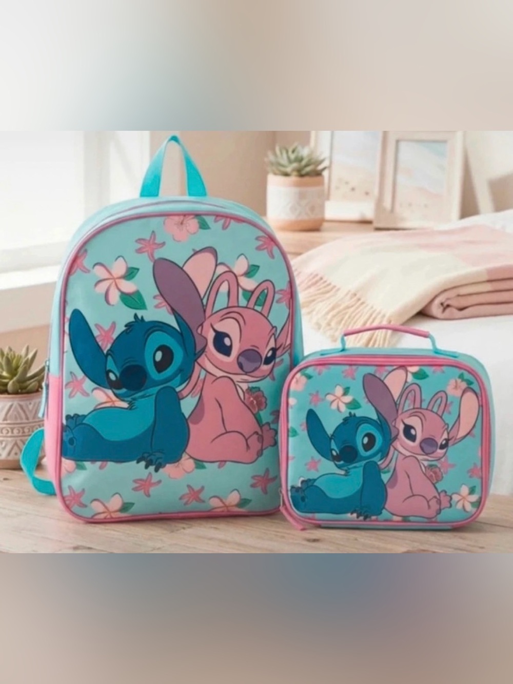 Kids Blue & Pink Cartoon Backpack and Lunch Bag Set 15 inches